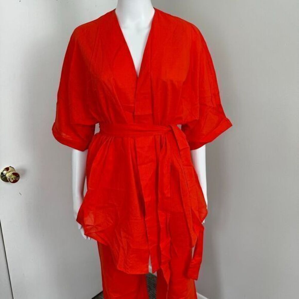 Commense Linen Cotton Orange Two-Piece Set Kimono-Style Top Wide-Leg Pant Outfit - Picture 10 of 16